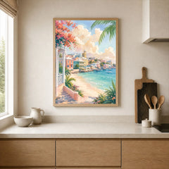 Nassau pastel waterfront and beach watercolour art print framed print in a kitchen