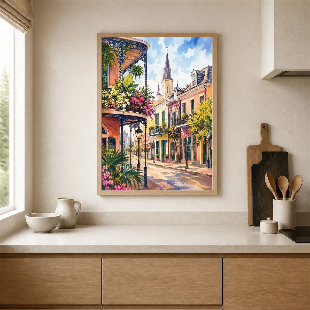 New Orleans French Quarter balconies watercolour art print framed print in a kitchen