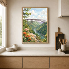 New River Gorge National Park New River Gorge Bridge watercolour art print framed print in a kitchen