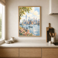 New York Statue of Liberty and Manhattan skyline watercolour art print framed print in a kitchen