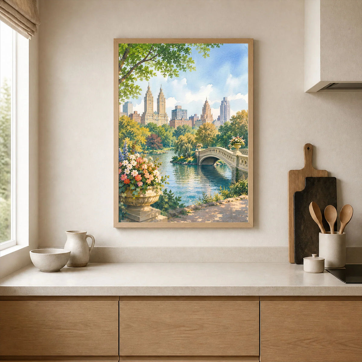 New York Central Park Bow Bridge watercolour art print framed print in a kitchen