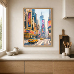 New York Times Square and yellow cabs watercolour art print framed print in a kitchen