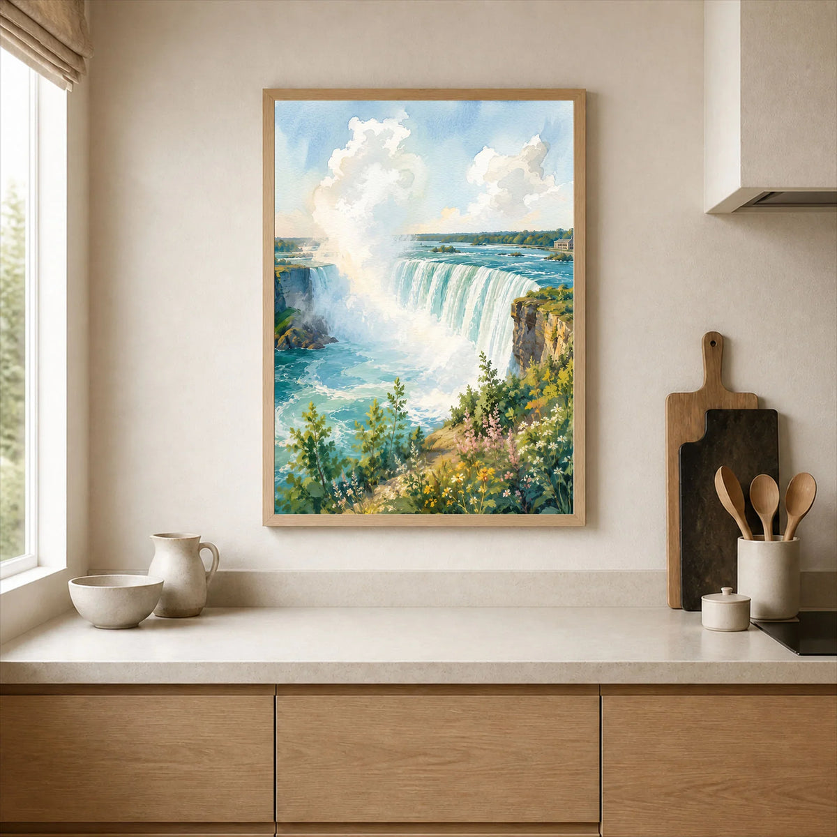 Niagara Falls State Park Horseshoe Falls watercolour art print framed print in a kitchen