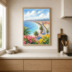 Nice Baie des Anges and promenade watercolour art print framed print in a kitchen