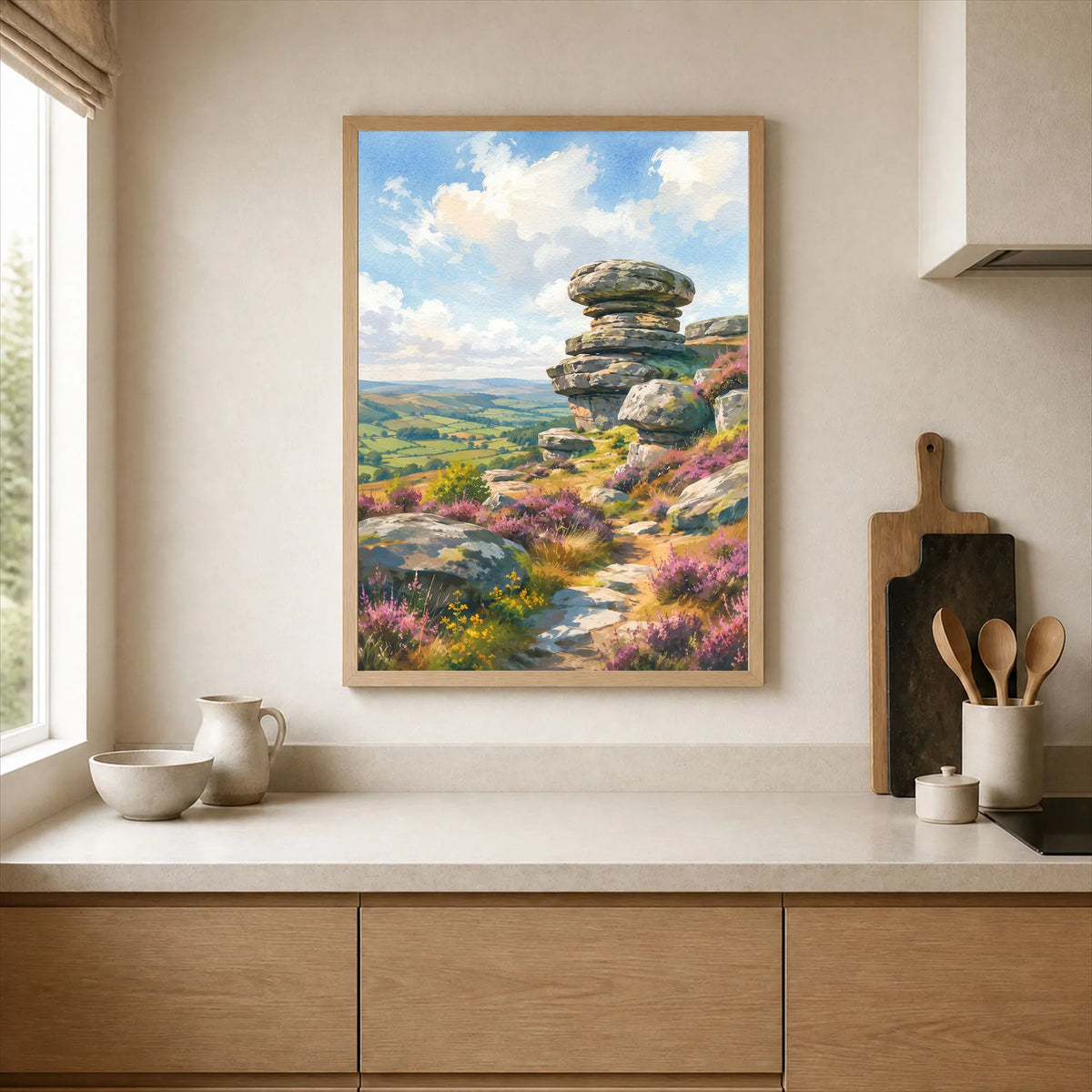 Nidderdale Brimham Rocks watercolour art print framed print in a kitchen