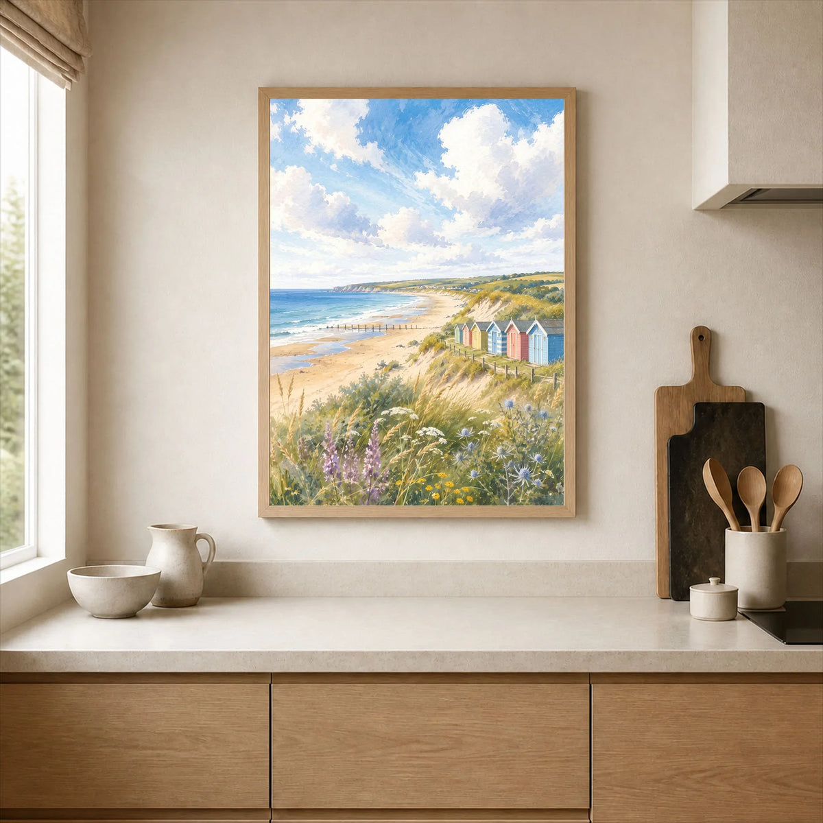 Norfolk Coast beach huts and sandy beach watercolour art print framed print in a kitchen