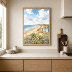 Norfolk Coast beach huts and sandy beach watercolour art print framed print in a kitchen