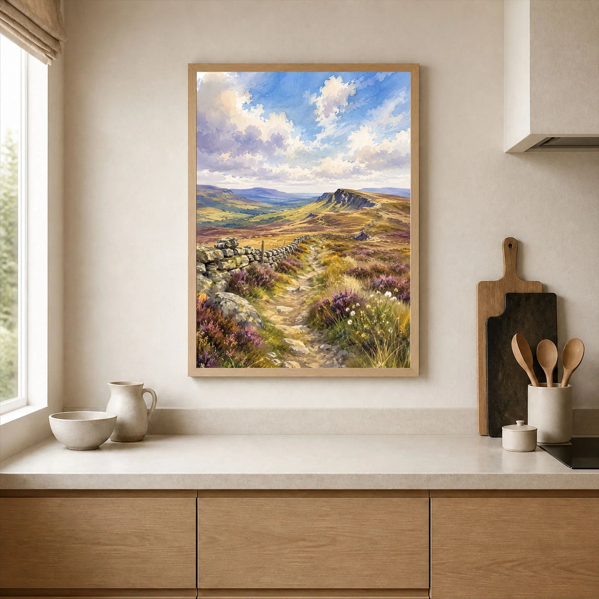 North Pennines moorland path and stone wall watercolour art print framed print in a kitchen