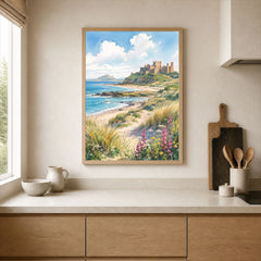 Northumberland Coast Bamburgh Castle and beach watercolour art print framed print in a kitchen