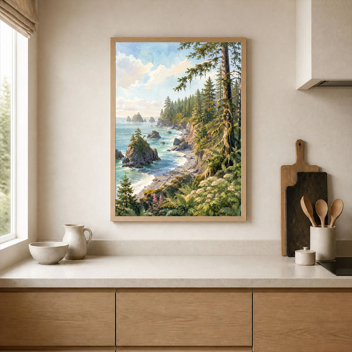Olympic National Park rugged coast and sea stacks watercolour art print framed print in a kitchen
