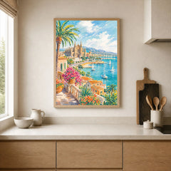 Palma La Seu cathedral and bay watercolour art print framed print in a kitchen