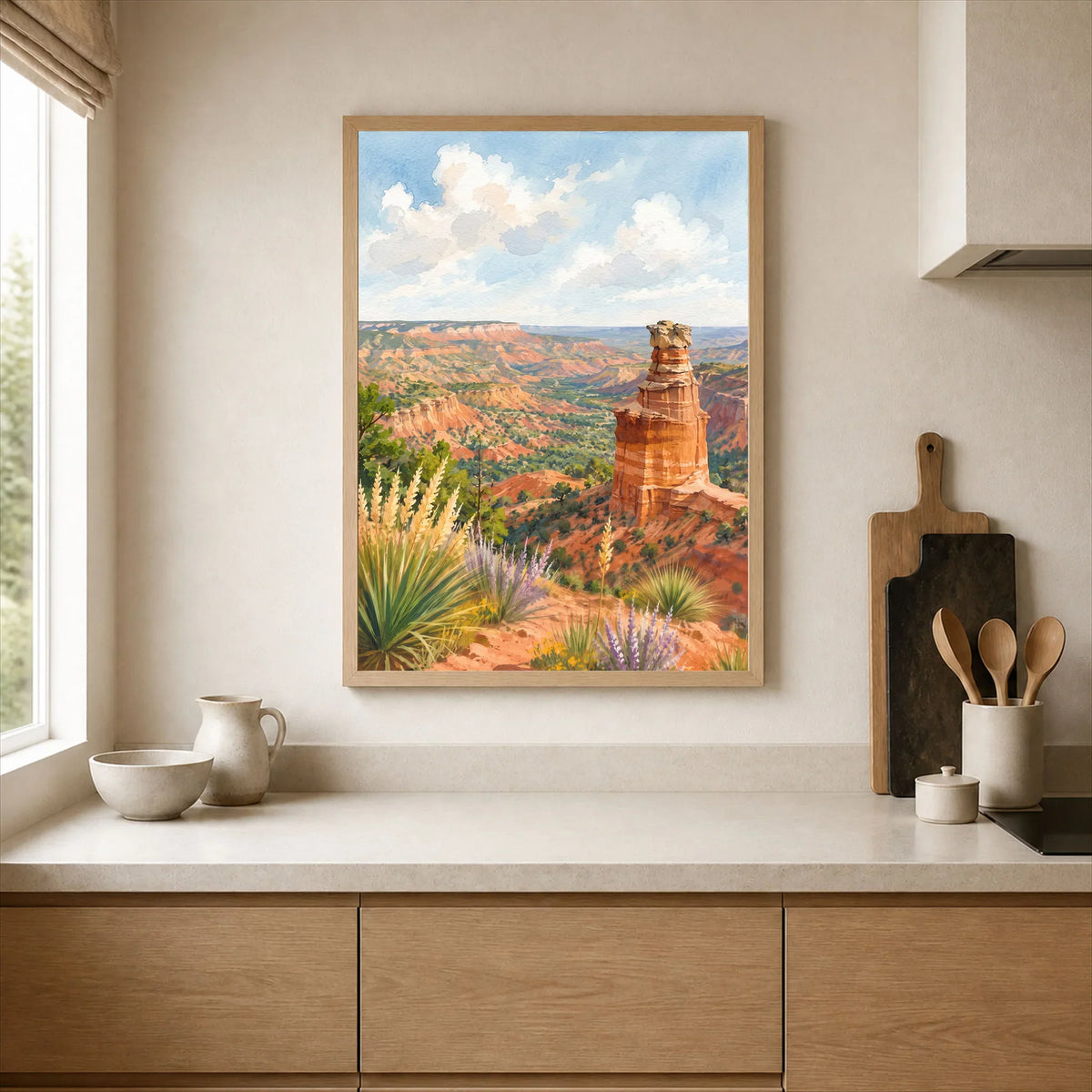 Palo Duro Canyon State Park Lighthouse rock formation watercolour art print framed print in a kitchen