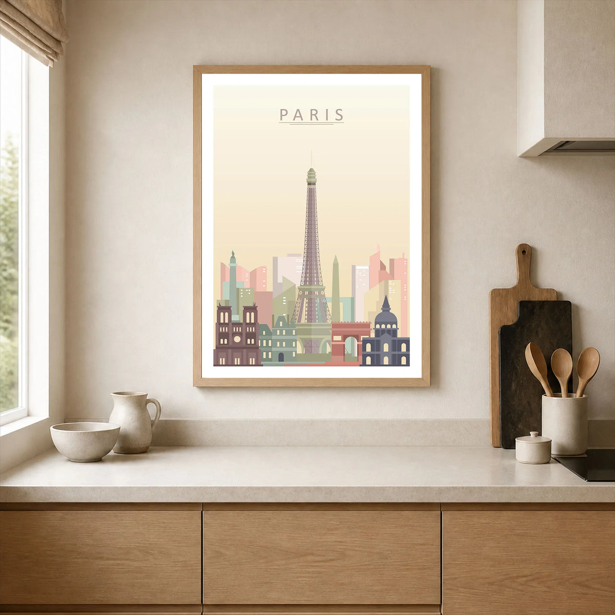 Paris city skyline art print, framed print in a kitchen