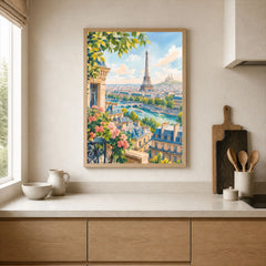 Paris Eiffel Tower and the Seine watercolour art print framed print in a kitchen