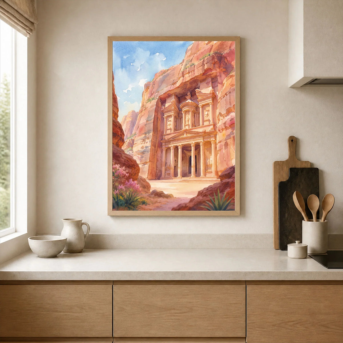 Petra Treasury in the rock watercolour art print framed print in a kitchen