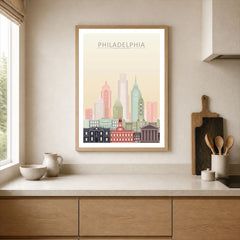 Philadelphia city skyline art print, framed print in a kitchen