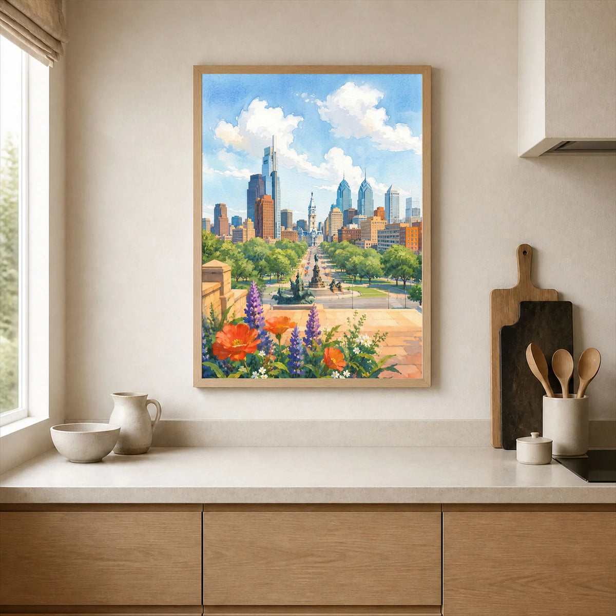 Philadelphia skyline and Ben Franklin Parkway watercolour art print framed print in a kitchen