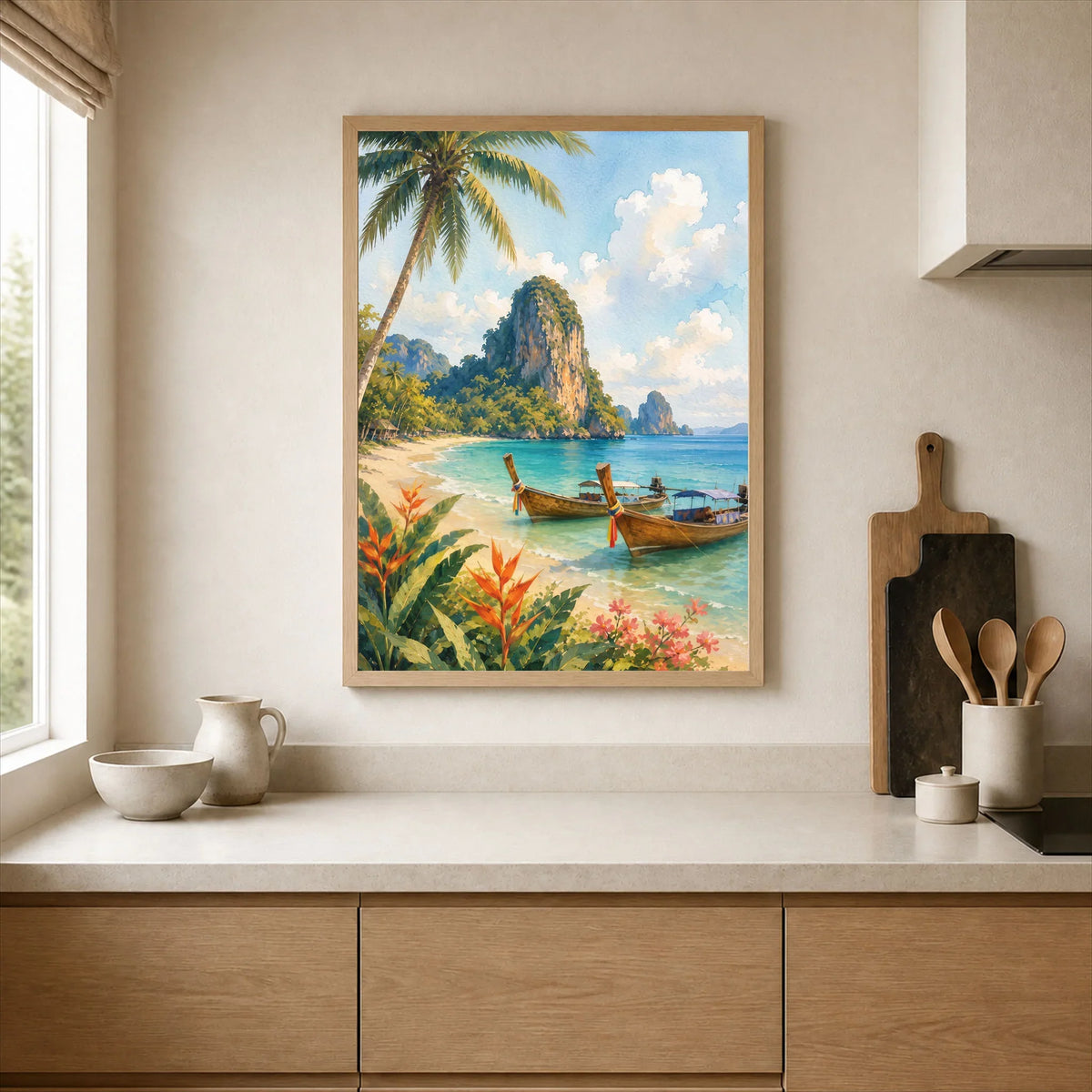 Phuket longtail boats and limestone cliffs watercolour art print framed print in a kitchen