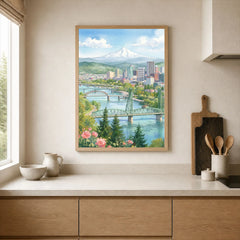 Portland Mount Hood and Willamette bridges watercolour art print framed print in a kitchen