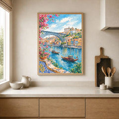 Porto Dom Luís I Bridge and rabelo boats watercolour art print framed print in a kitchen