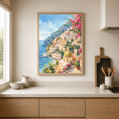 Positano cliffside village and church dome watercolour art print framed print in a kitchen
