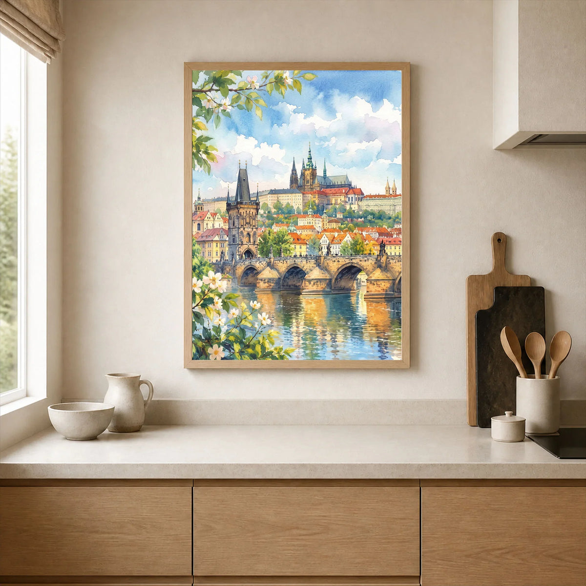 Prague Charles Bridge and Prague Castle watercolour art print framed print in a kitchen