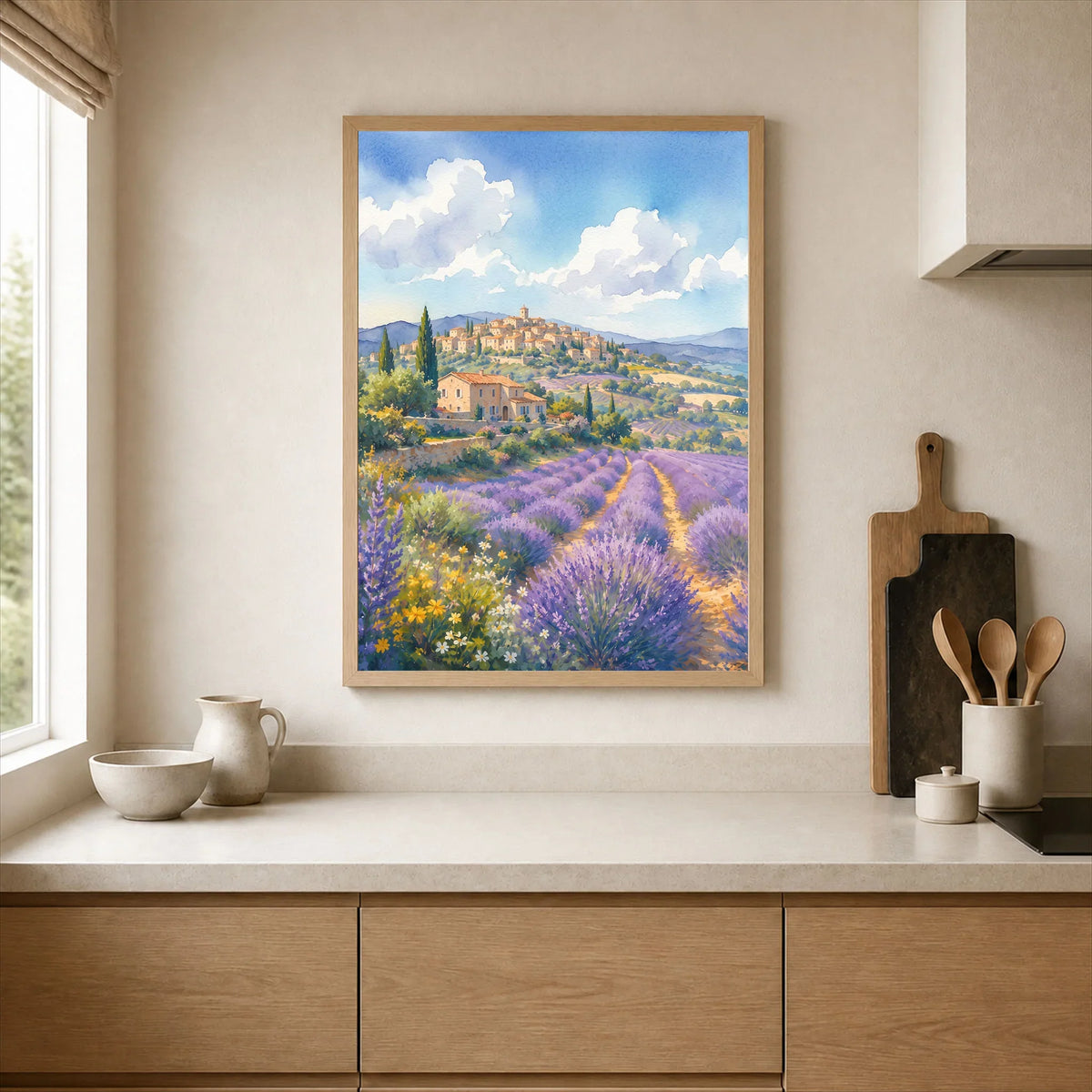 Provence lavender fields and hilltop village watercolour art print framed print in a kitchen