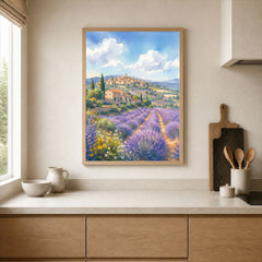 Provence lavender fields and hilltop village watercolour art print framed print in a kitchen