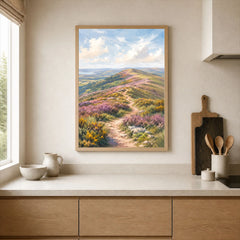 Quantock Hills heather hilltop path watercolour art print framed print in a kitchen