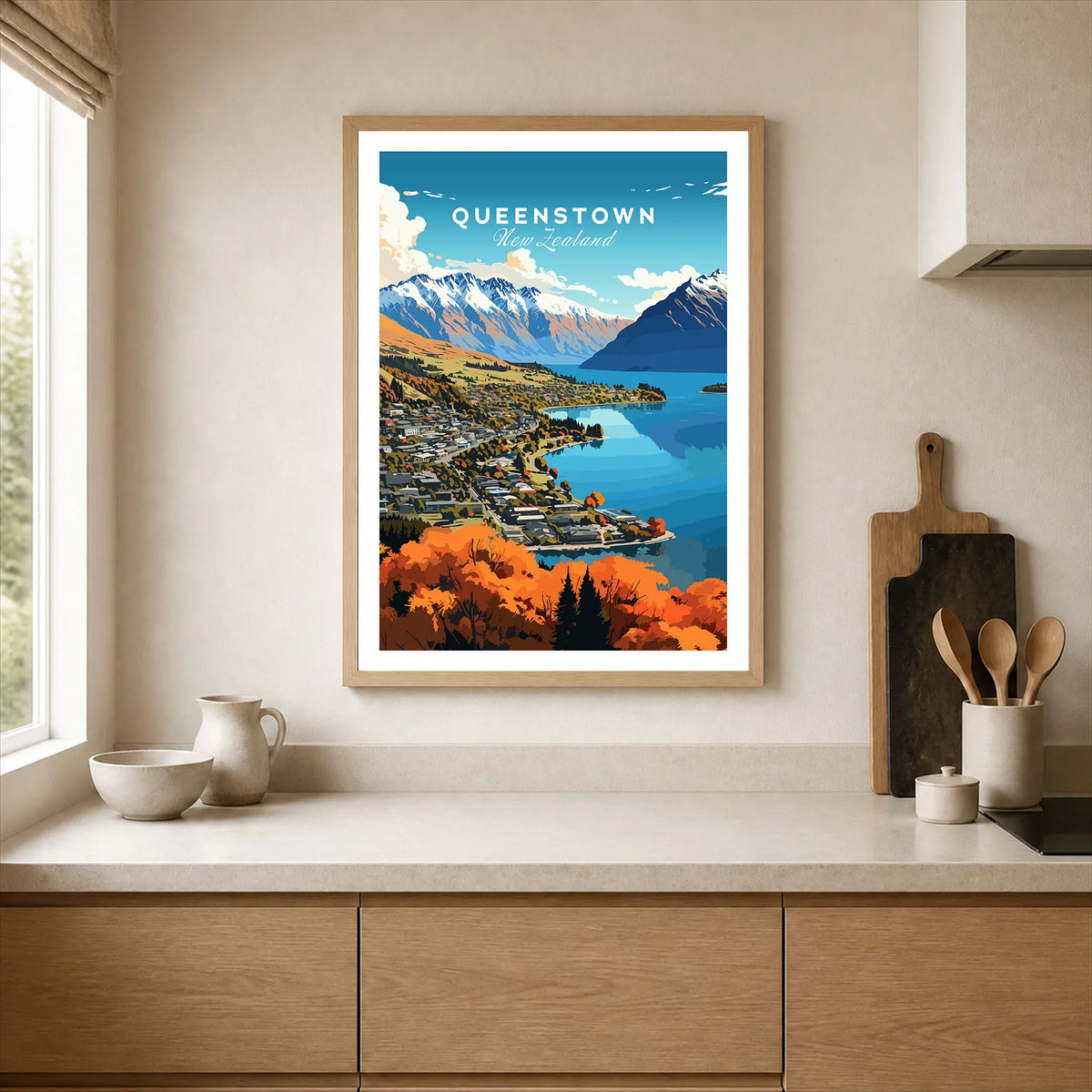 Queenstown New Zealand Lake Wakatipu in autumn vintage travel poster, framed print in a kitchen