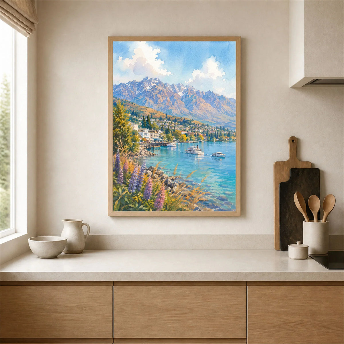 Queenstown Lake Wakatipu, Remarkables and lupins watercolour art print framed print in a kitchen
