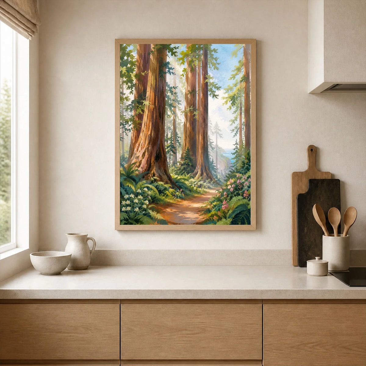 Redwood National Park giant redwoods and forest trail watercolour art print framed print in a kitchen