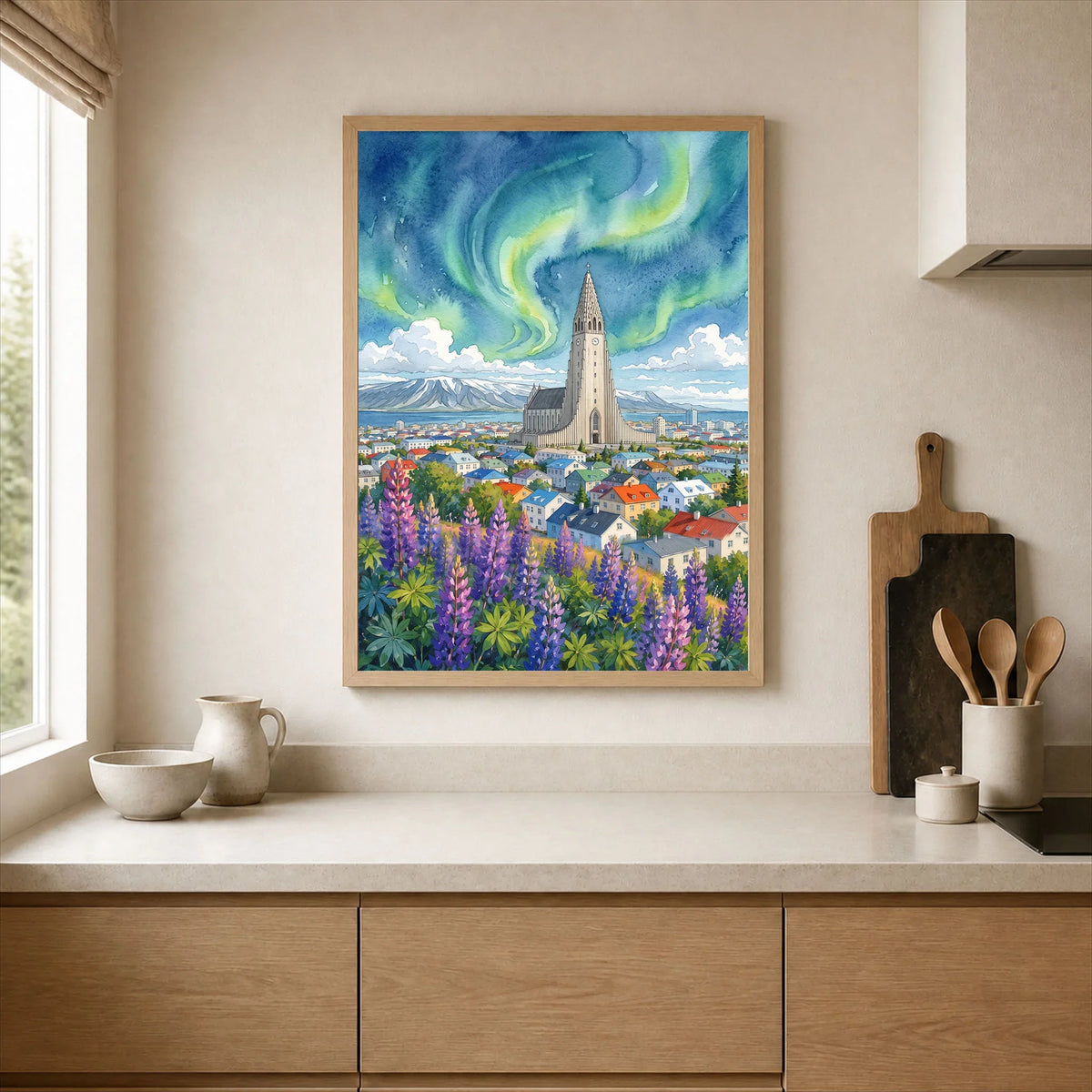Reykjavik Hallgrímskirkja and northern lights watercolour art print framed print in a kitchen