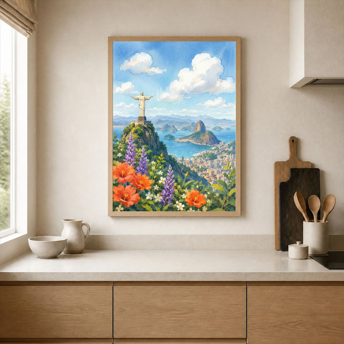 Rio de Janeiro Christ the Redeemer and Sugarloaf watercolour art print framed print in a kitchen