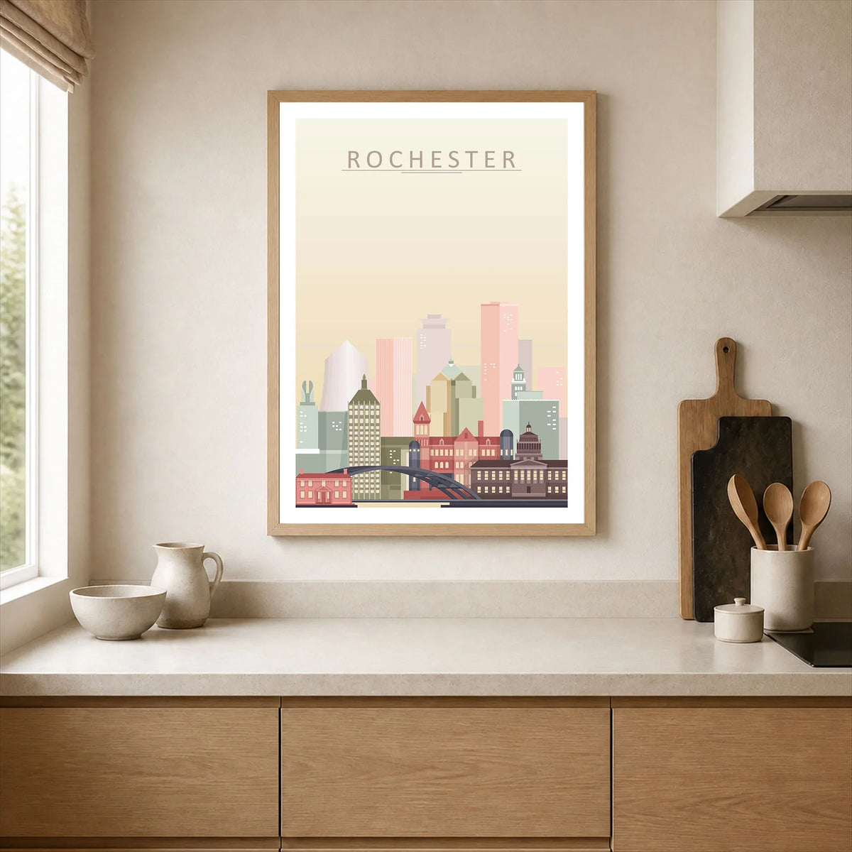 Rochester city skyline art print, framed print in a kitchen