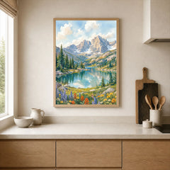 Rocky Mountain National Park alpine lake below rugged peaks watercolour art print framed print in a kitchen