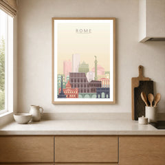 Rome city skyline art print, framed print in a kitchen