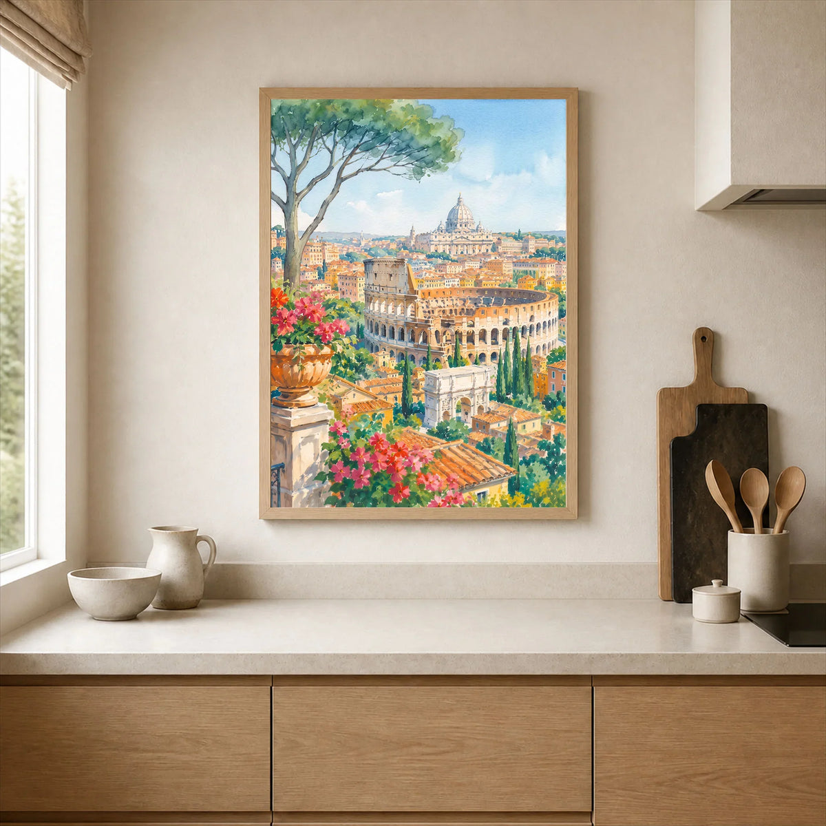 Rome Colosseum and St Peter's dome watercolour art print framed print in a kitchen