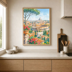 Rome Colosseum and St Peter's dome watercolour art print framed print in a kitchen