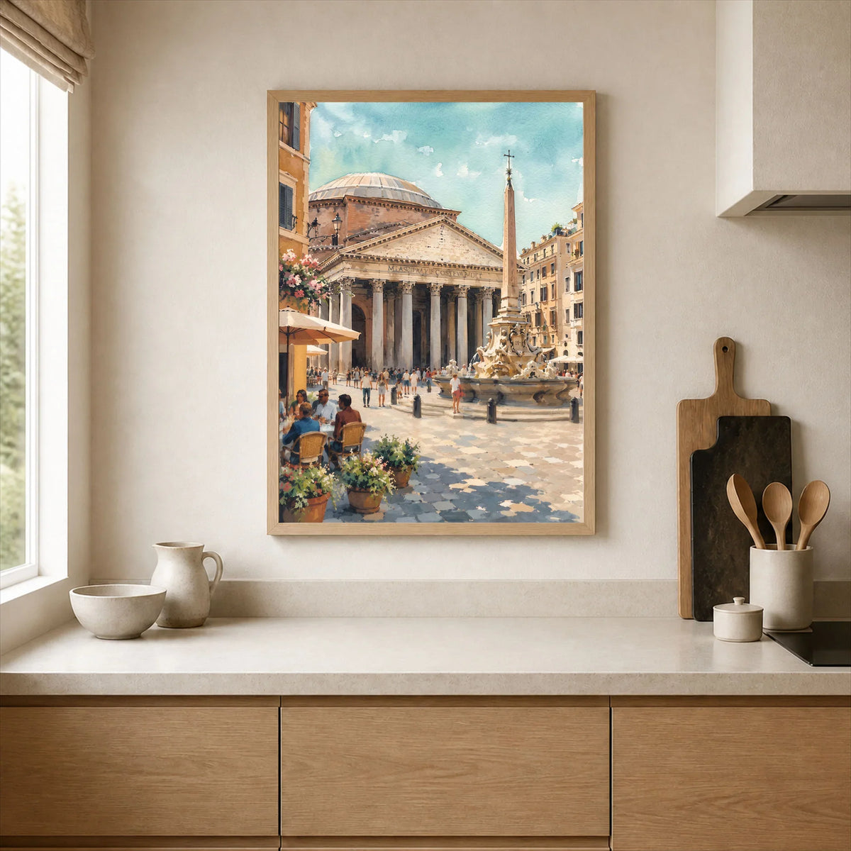 Rome Pantheon and piazza fountain watercolour art print framed print in a kitchen