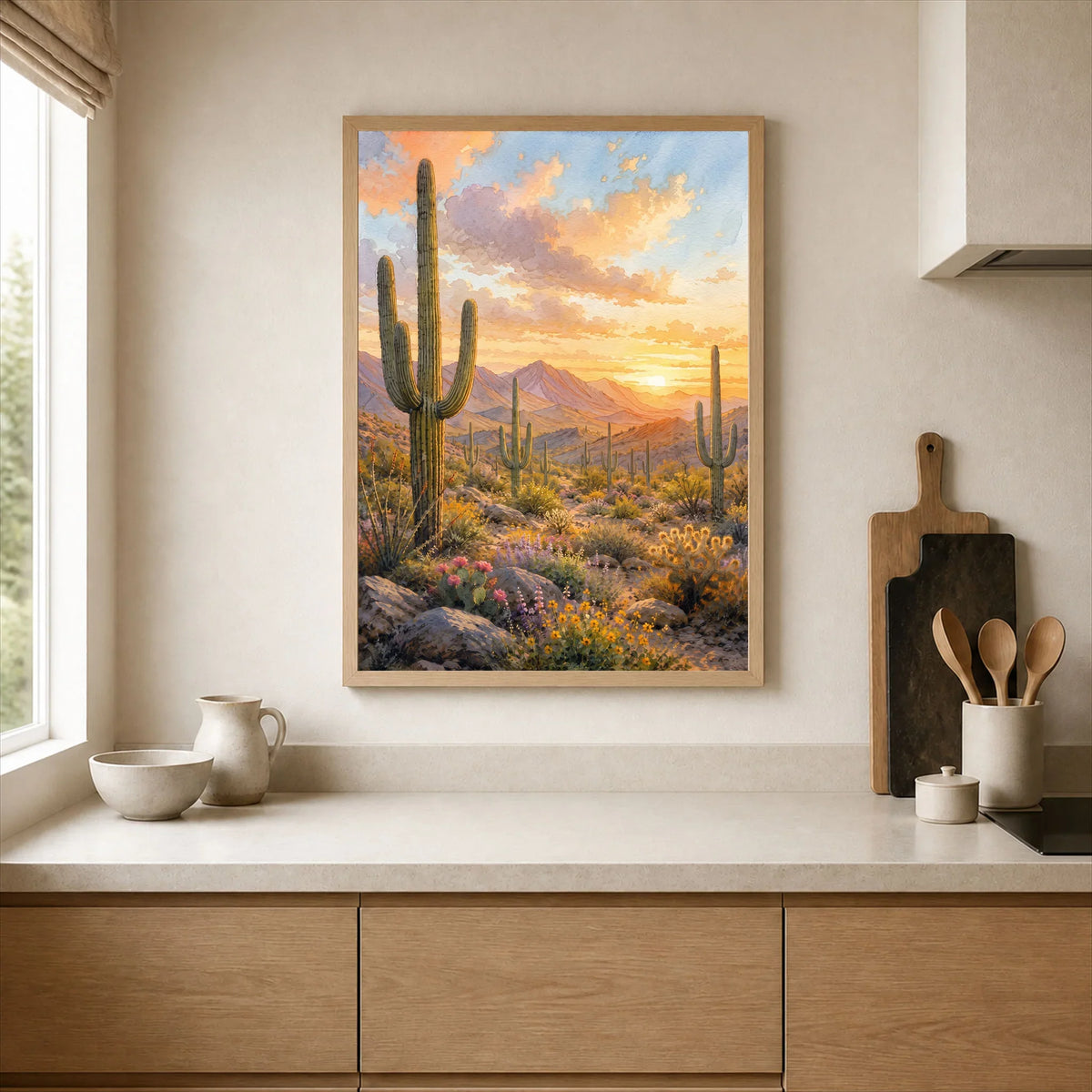 Saguaro National Park saguaro cacti at sunset watercolour art print framed print in a kitchen