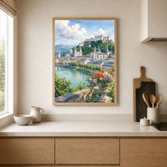 Salzburg Hohensalzburg fortress and old town watercolour art print framed print in a kitchen