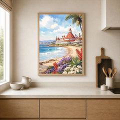 San Diego Hotel del Coronado and beach watercolour art print framed print in a kitchen