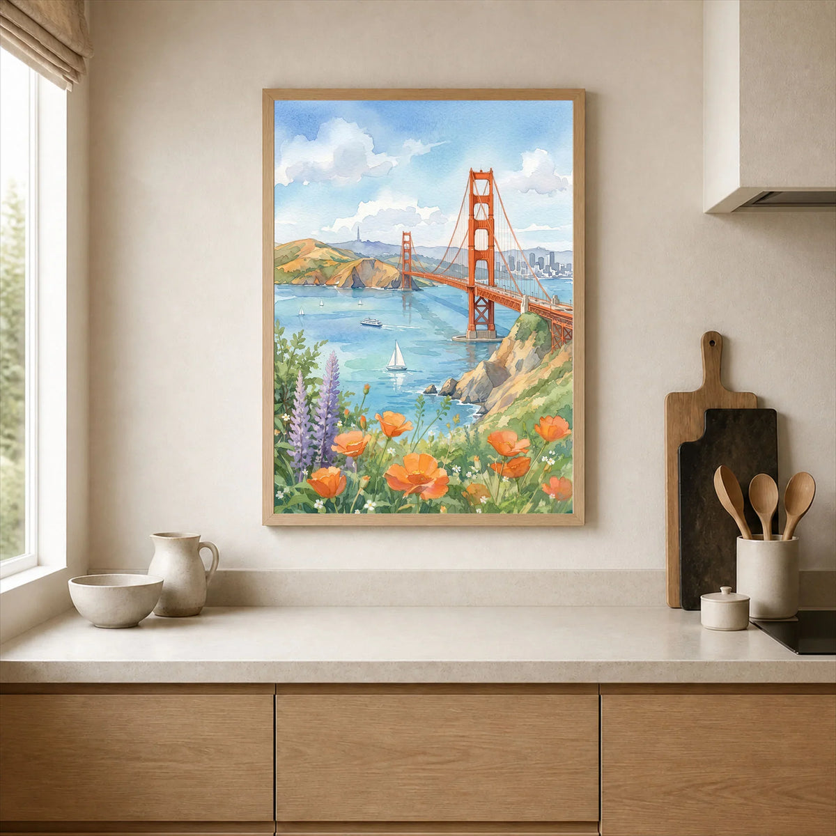 San Francisco Golden Gate Bridge and poppies watercolour art print framed print in a kitchen