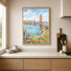 San Francisco Golden Gate Bridge and poppies watercolour art print framed print in a kitchen