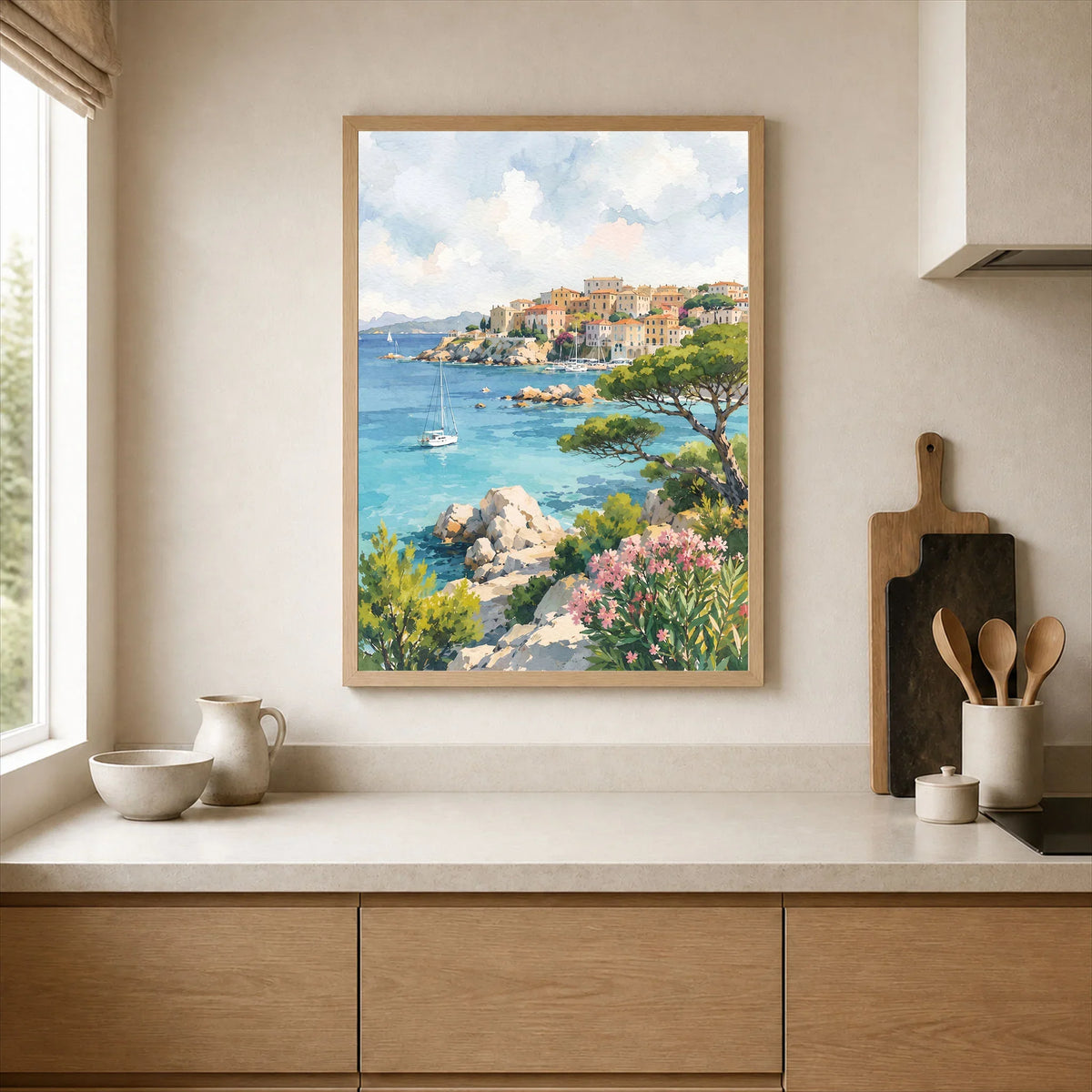 Sardinia turquoise coves and harbour town watercolour art print framed print in a kitchen
