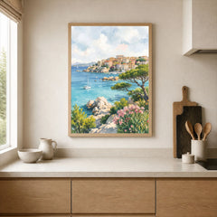 Sardinia turquoise coves and harbour town watercolour art print framed print in a kitchen