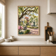 Savannah Spanish moss oaks and park fountain watercolour art print framed print in a kitchen