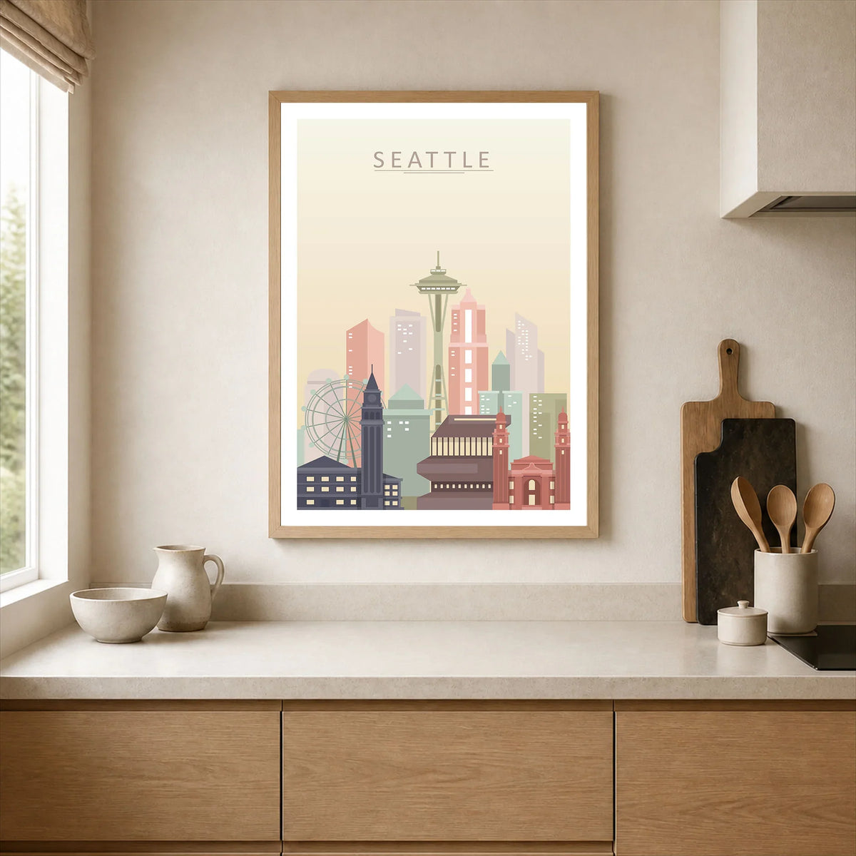 Seattle city skyline art print, framed print in a kitchen