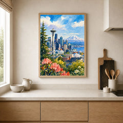 Seattle Space Needle and Mount Rainier watercolour art print framed print in a kitchen